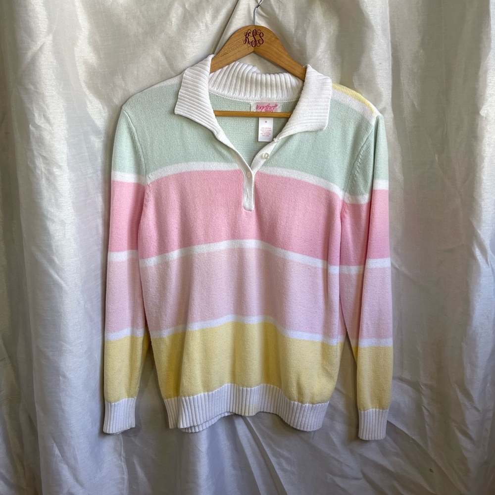 VTG 90’s Retro Pastel Preppy Striped Collared Long Sleeve V-Neck Sweater